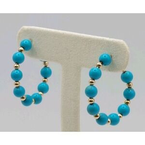 14K Gold Earrings Turquoise Bead Hoop Southwestern Boho Vintage Retro Jewelry